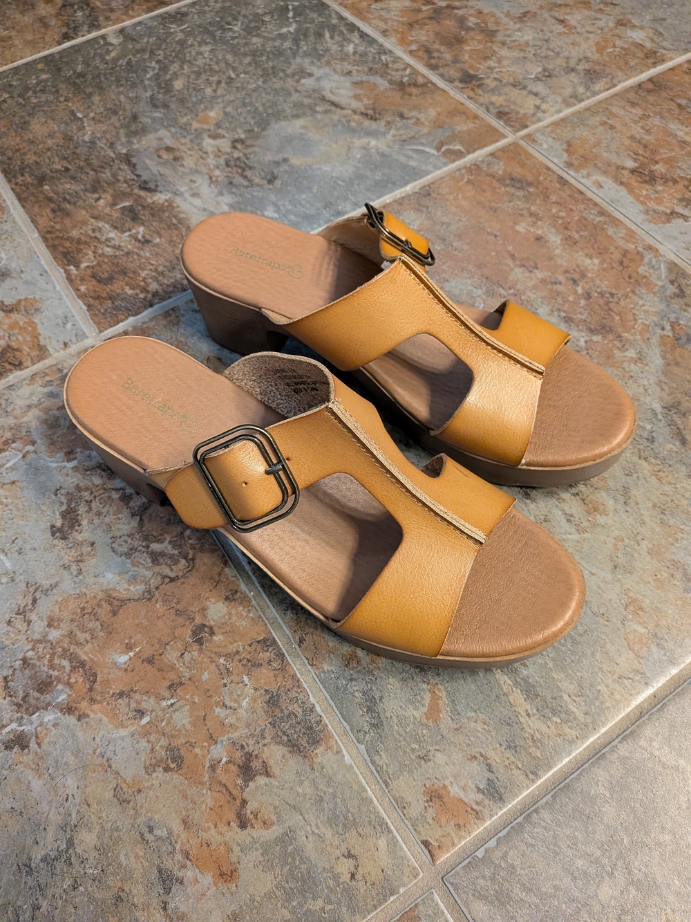 BareTraps Mustard Tan Slide Mules with Buckle